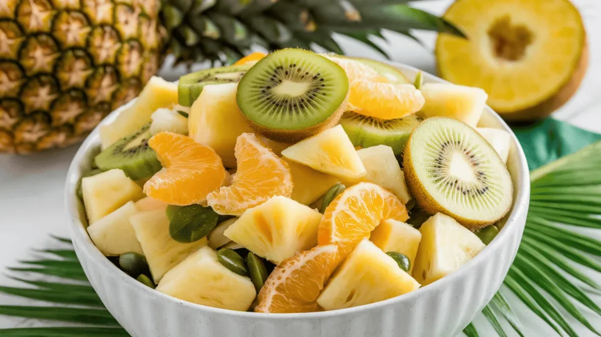 Pineapple fruit salad with tropical fruits in a white bowl.