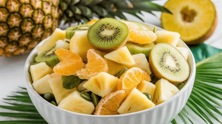 Pineapple fruit salad with tropical fruits in a white bowl.