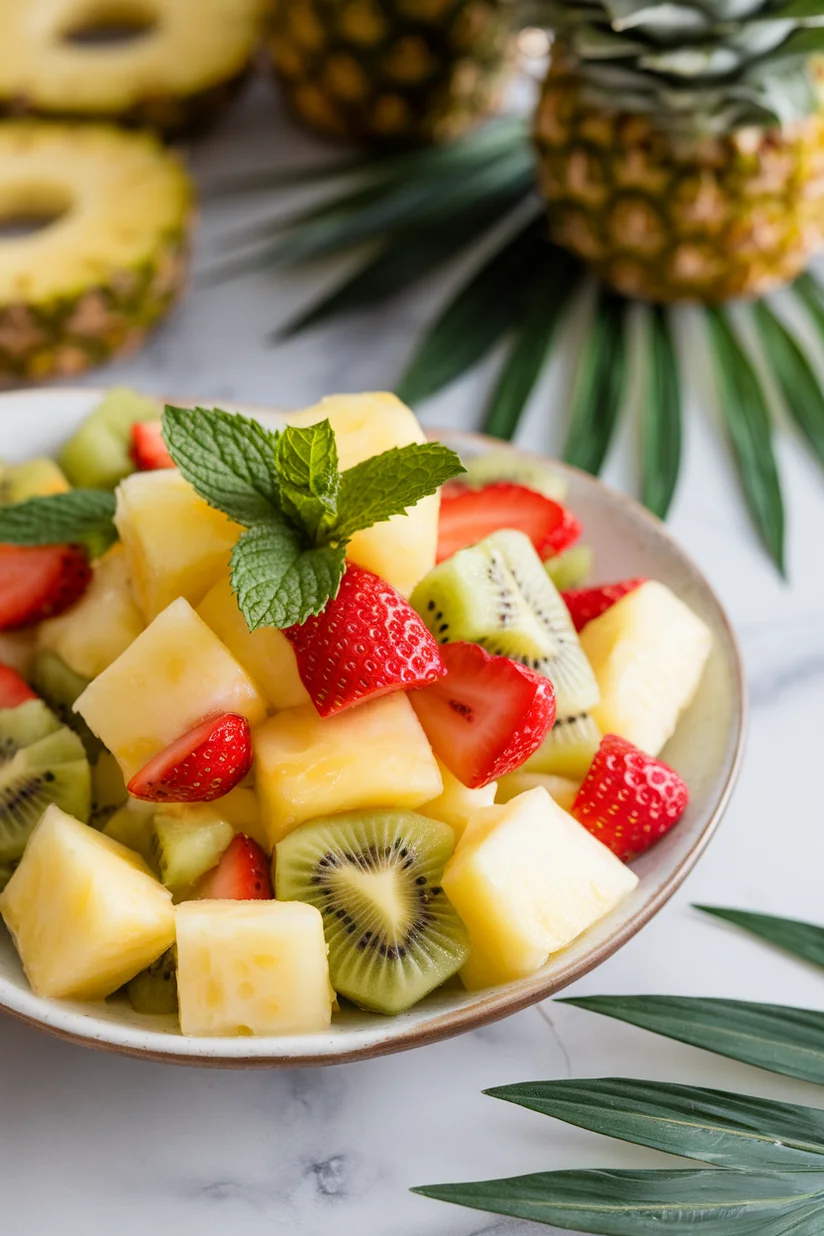 Pineapple fruit salad with chopped pineapple and fresh fruit on white marble countertop.