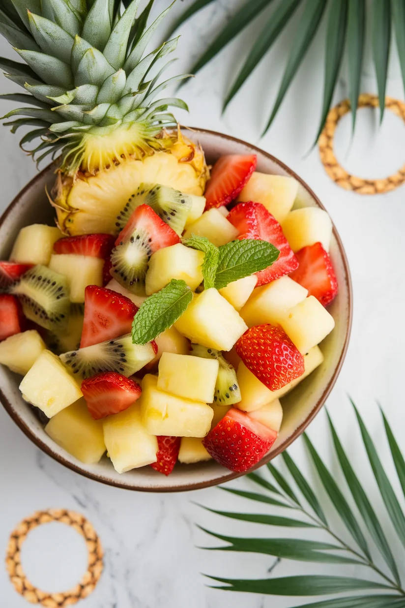Pineapple fruit salad with chopped pineapple and fresh fruit on white marble countertop.
