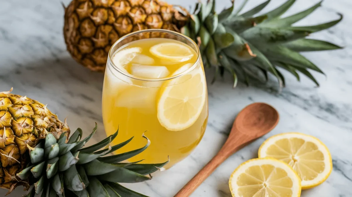 Pineapple lemonade with lemon slices and pineapple chunks in a clear glass.