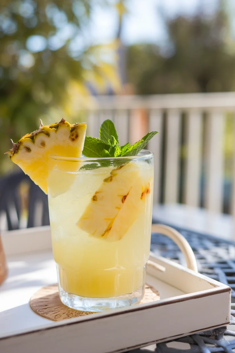 Pineapple lemonade with pineapple wedge and mint, served on a sunny patio.