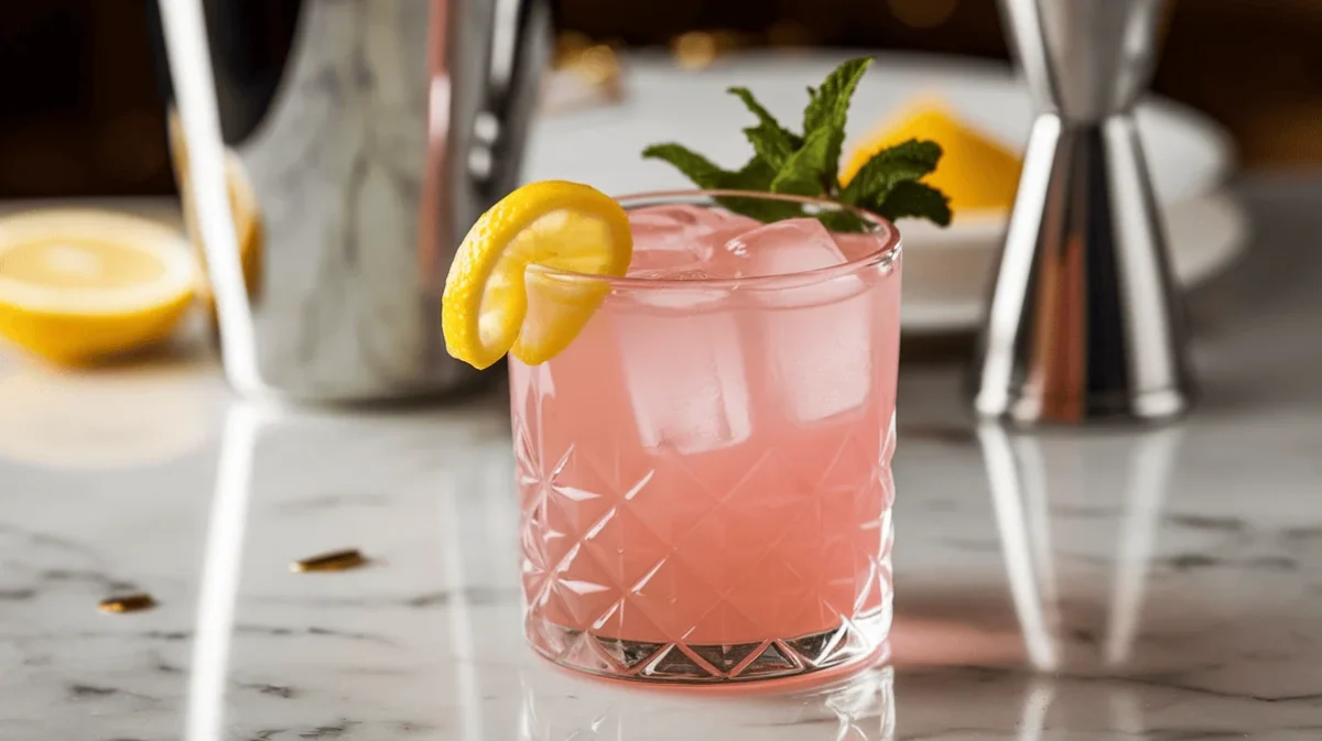 Pink lemonade cocktail in a short glass with ice, lemon twist, and mint sprig.
