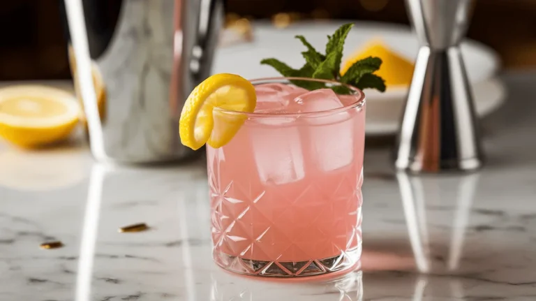 Pink lemonade cocktail in a short glass with ice, lemon twist, and mint sprig.