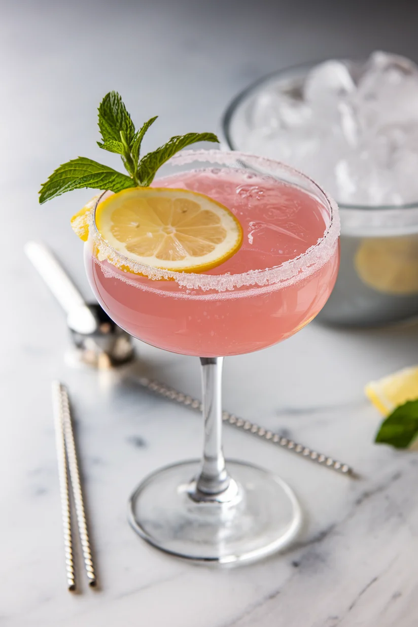 Pink lemonade cocktail in a coupe glass with sugared rim and lemon slice garnish.