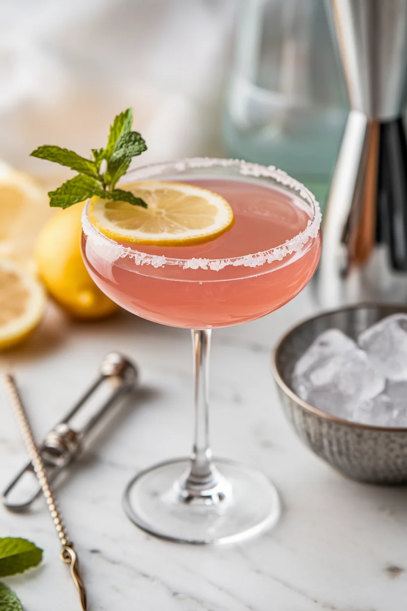 Pink lemonade cocktail in a coupe glass with sugared rim and lemon slice garnish.