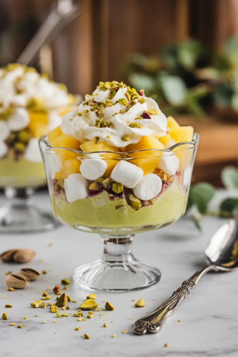 Pistachio fruit salad with creamy green base and fruit on white marble countertop.