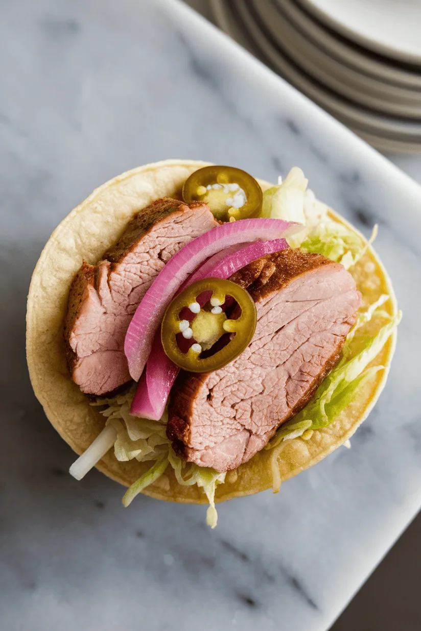 pork loin tacos with roasted slices and pickled onions on tortillas