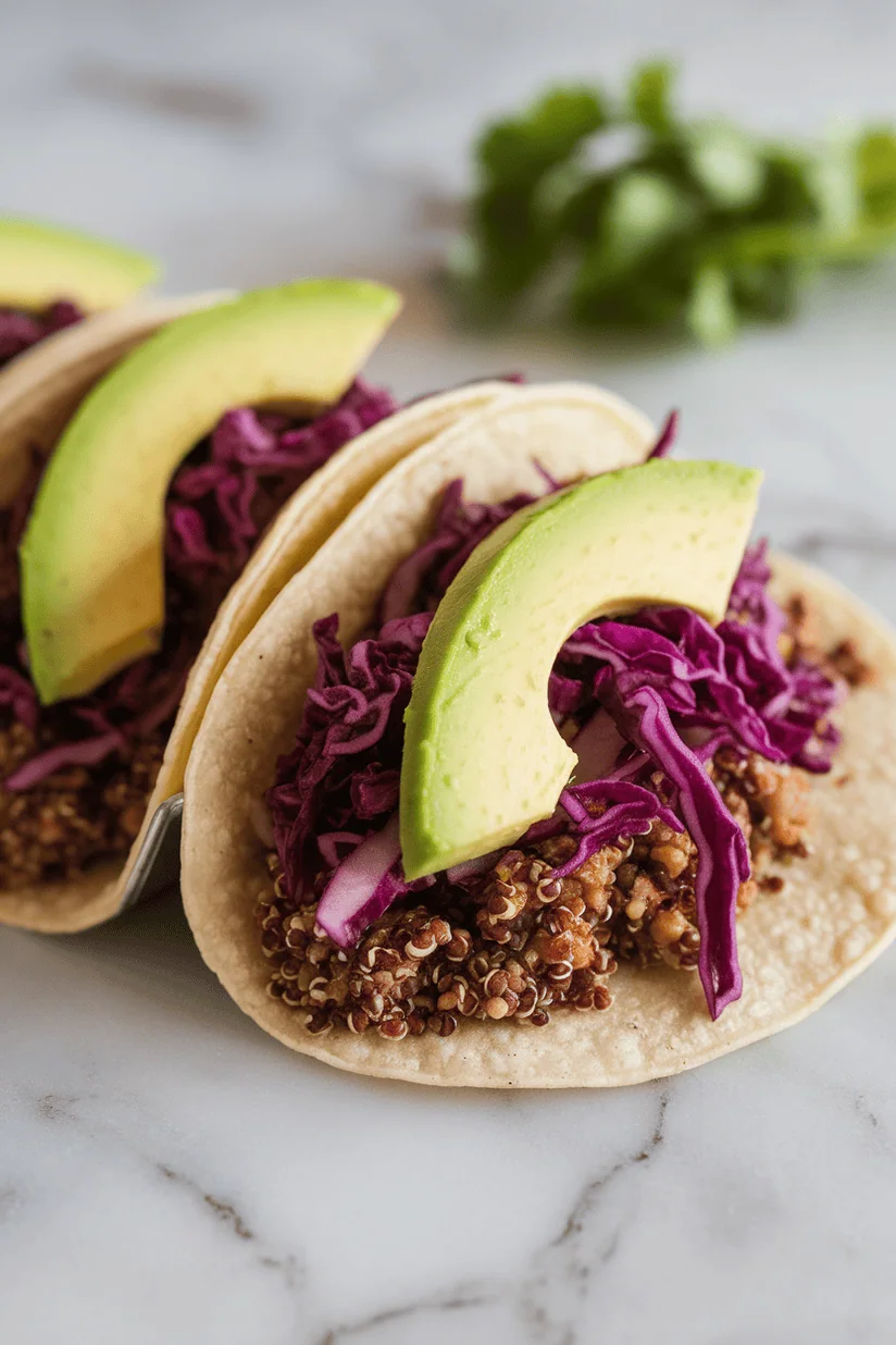 Quinoa tacos with avocado and red cabbage slaw on white corn tortillas, on marble surface.