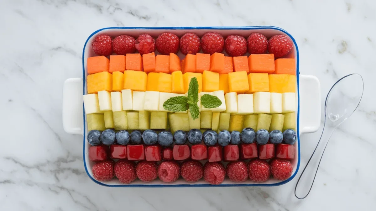 Rainbow fruit salad in a rectangular dish with layered fruit colors.