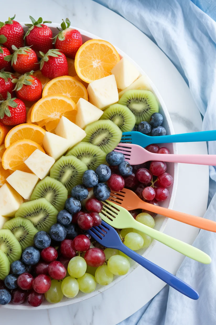 Rainbow fruit salad with layered chopped fruit on white marble countertop.