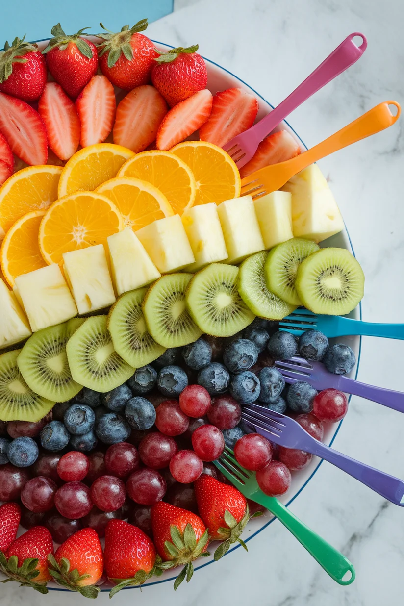 Rainbow fruit salad with layered chopped fruit on white marble countertop.