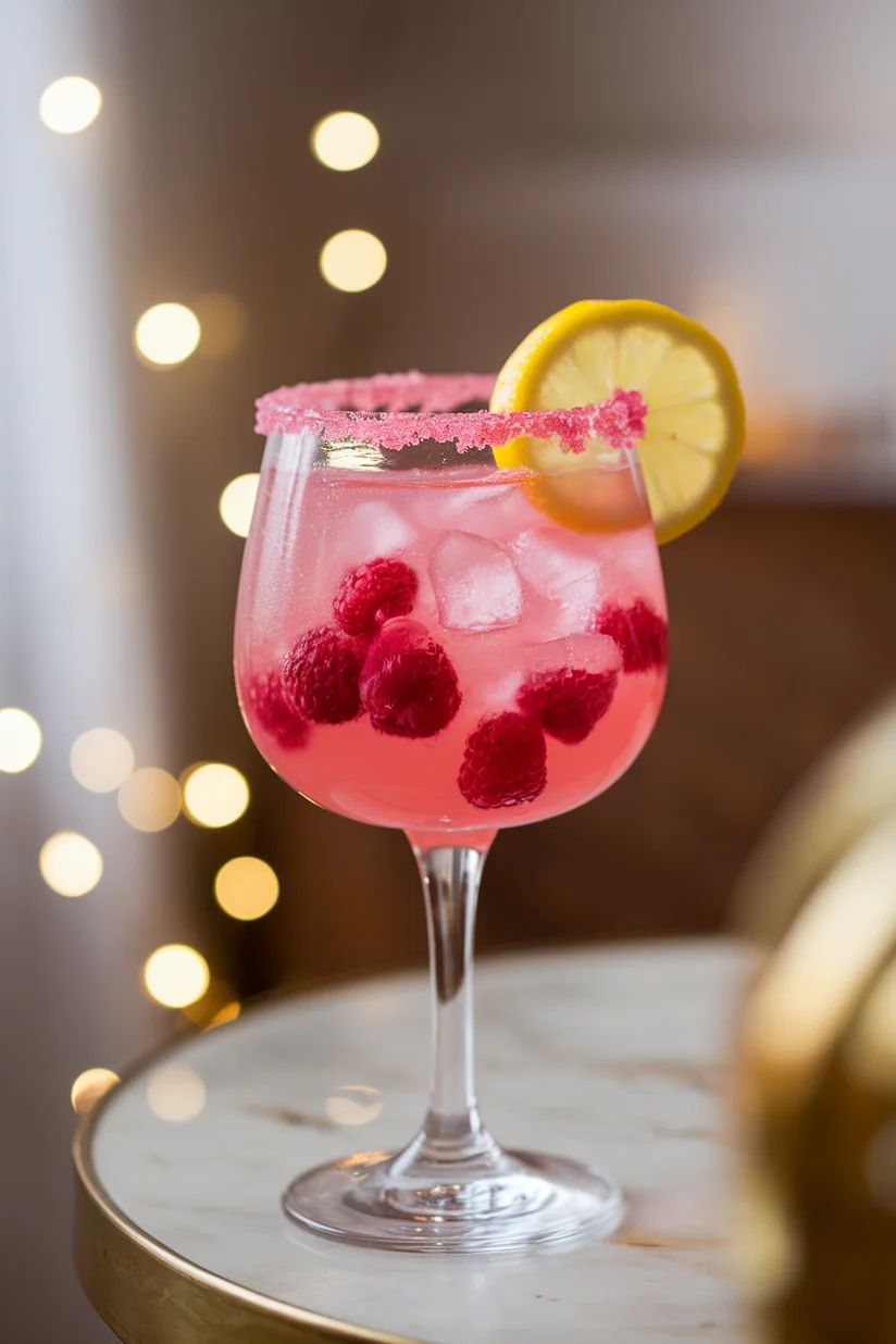 Raspberry lemonade cocktail with sugared rim and lemon wheel in a pink drink.