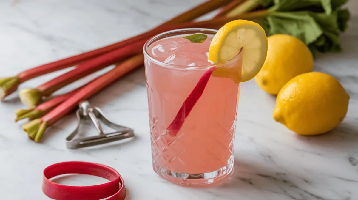 Rhubarb lemonade in a tall glass with a rhubarb ribbon and lemon wedge.