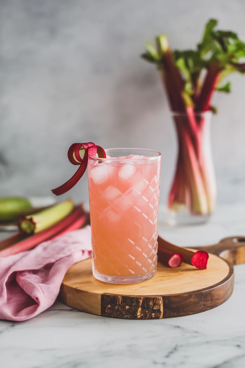 Rhubarb lemonade with ice and curled rhubarb garnish on a marble kitchen counter.
