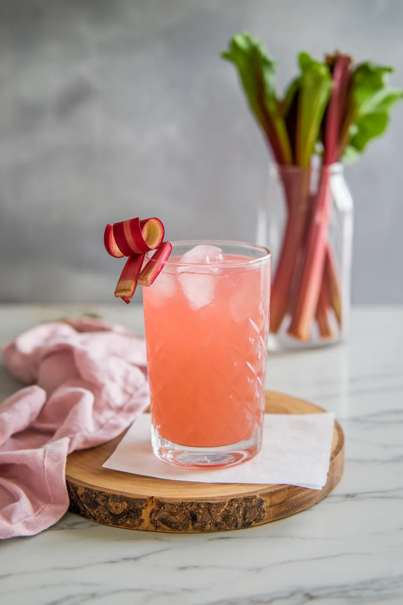 Rhubarb lemonade with ice and curled rhubarb garnish on a marble kitchen counter.