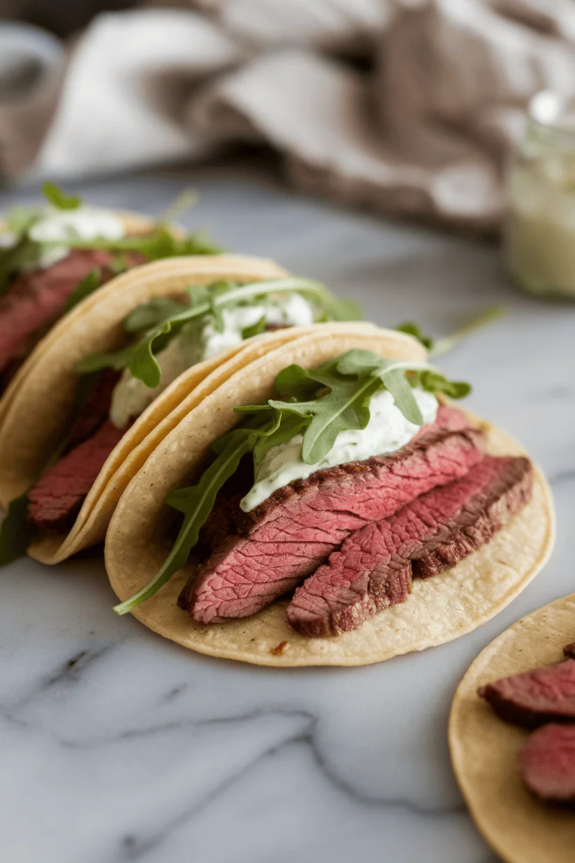 roast beef tacos with thin sliced beef and horseradish cream in flour tortillas