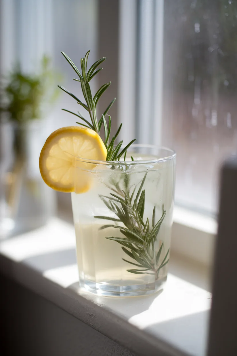 Rosemary lemonade with lemon slice and fresh rosemary sprig in a clear glass.