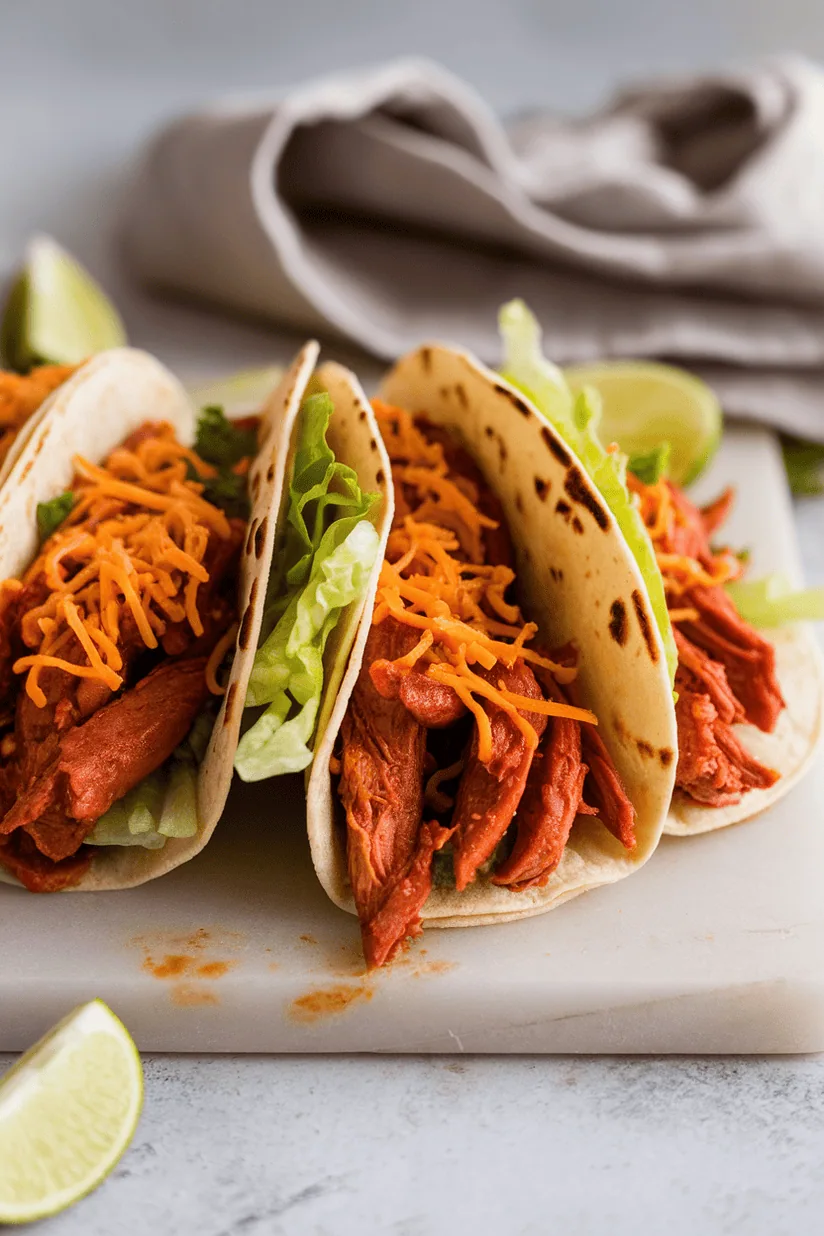 Salsa chicken tacos with shredded chicken, cheese, and lettuce in tortillas, on marble.