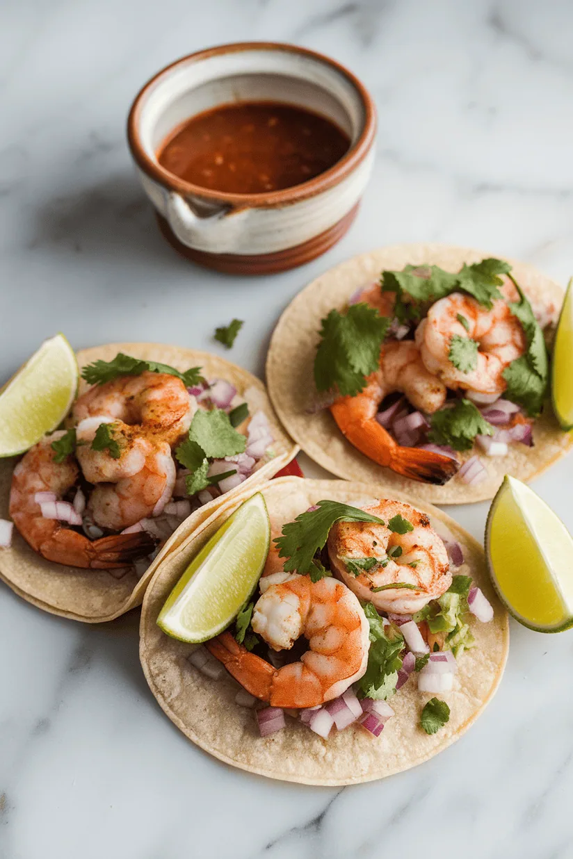 Shrimp street tacos with onions and cilantro on flour tortillas, lime garnish, on marble.