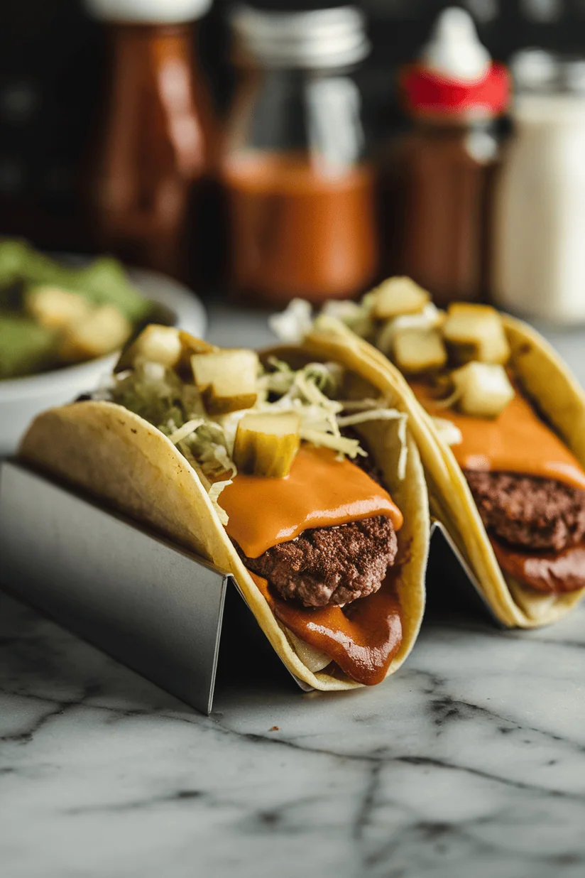smashed burger tacos with melted cheese and crispy beef in taco shells