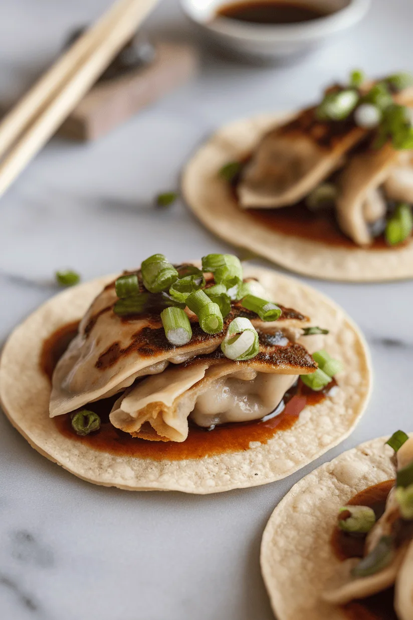 smashed dumpling tacos with seared filling and soy glaze in flour tortillas