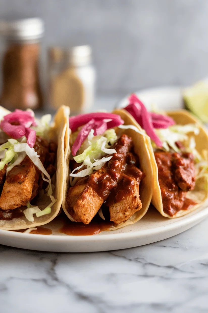 Spicy chicken tacos with chipotle chicken, cabbage, and pickled onions on marble plate.
