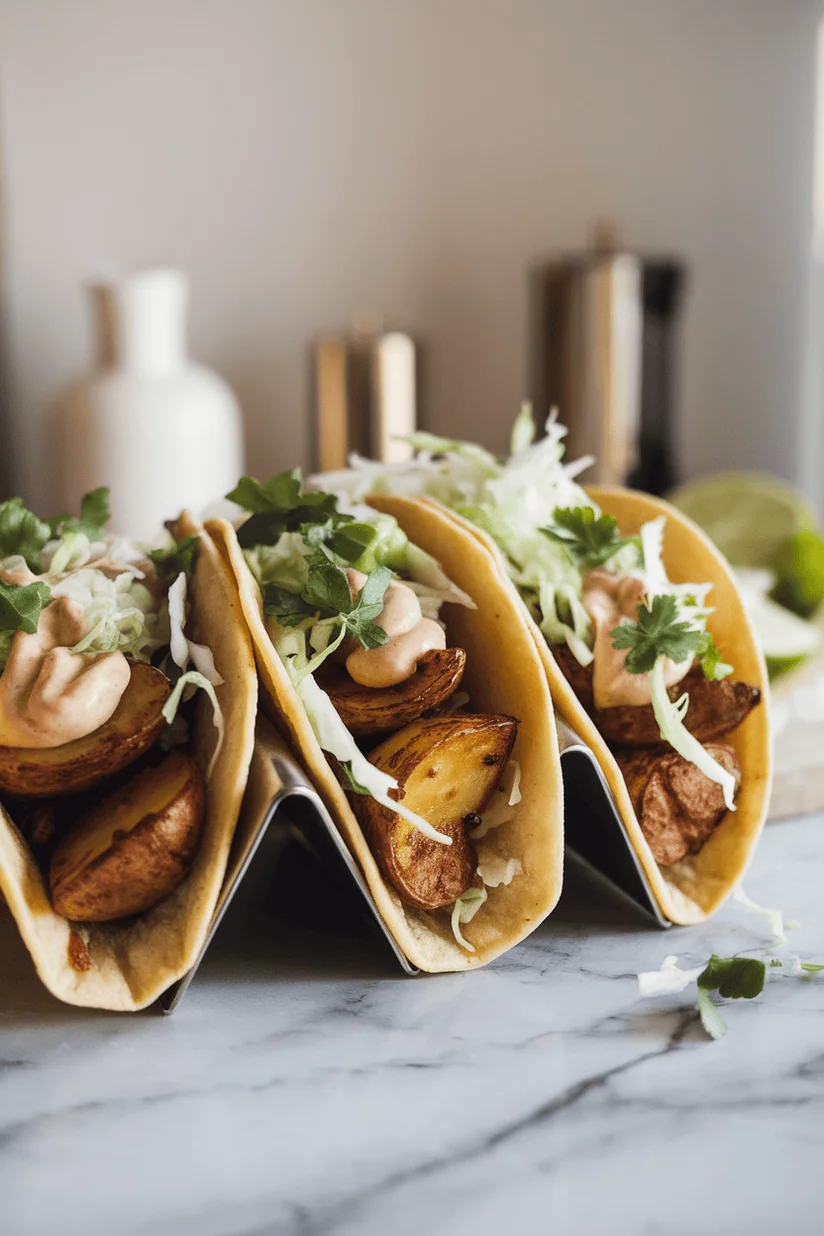 spicy potato tacos with roasted potatoes and chipotle aioli in soft tortillas