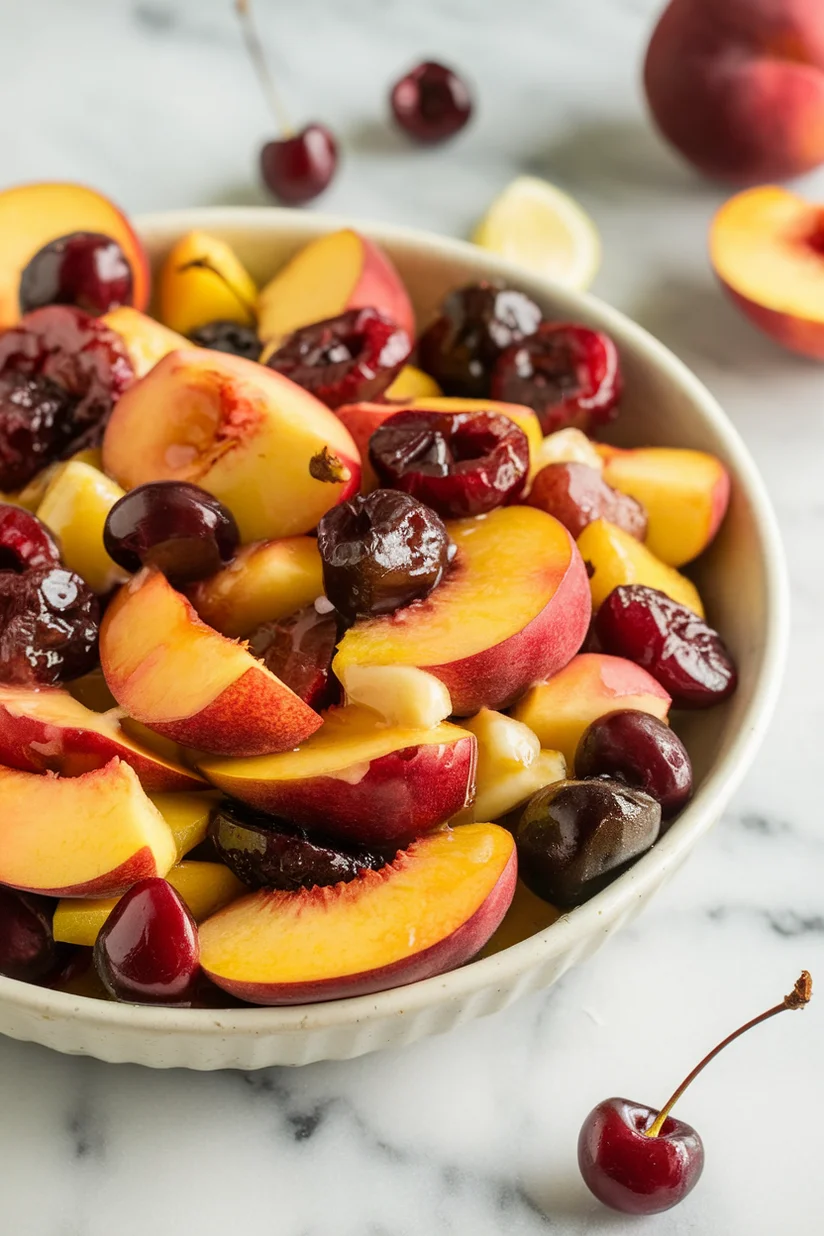 Stone fruit salad with sliced peaches and cherries on white marble countertop.