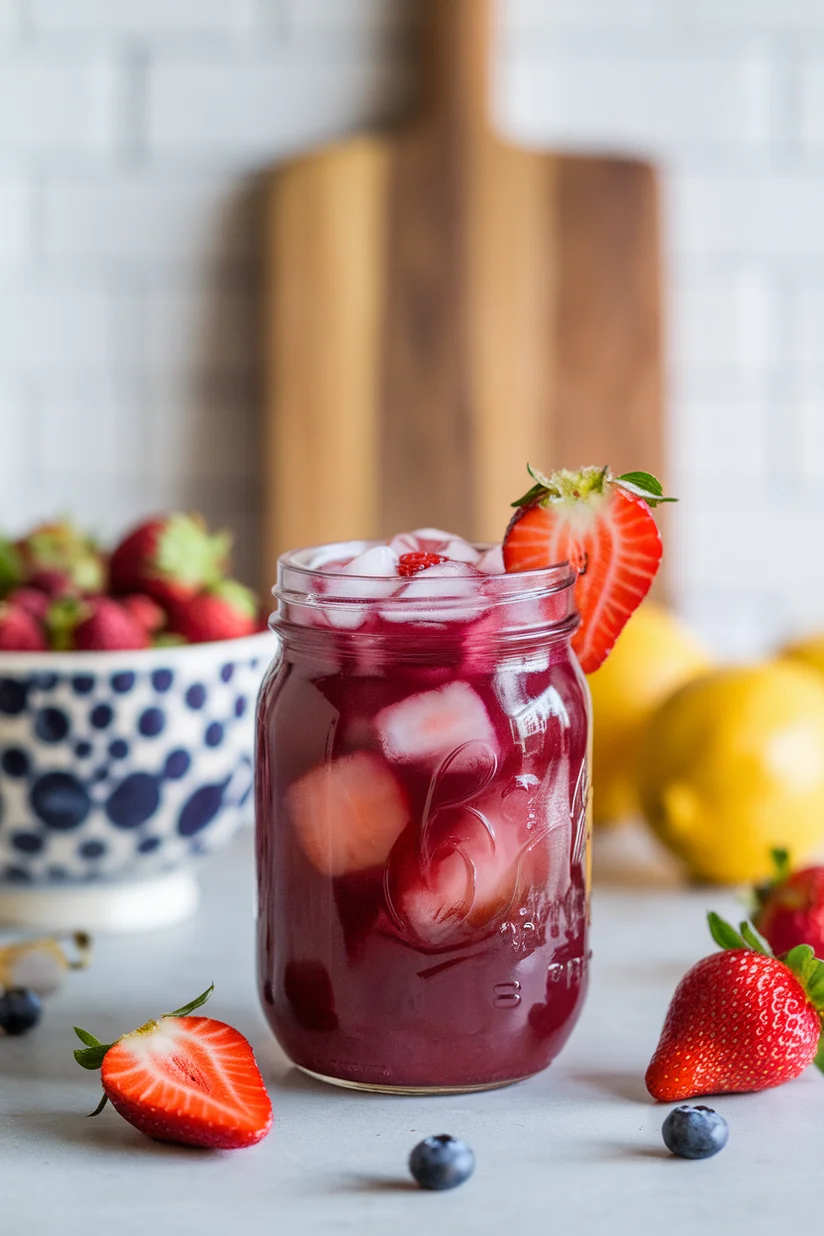 Strawberry acai lemonade with deep pink color, strawberry garnish, and ice in a mason jar.