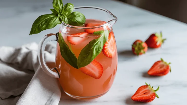Strawberry basil lemonade in a glass pitcher with basil and strawberry slices.