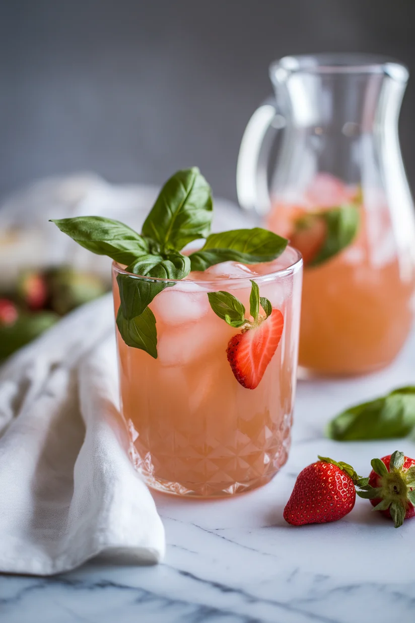 Strawberry basil lemonade in a clear glass with fresh basil and sliced strawberries on ice.