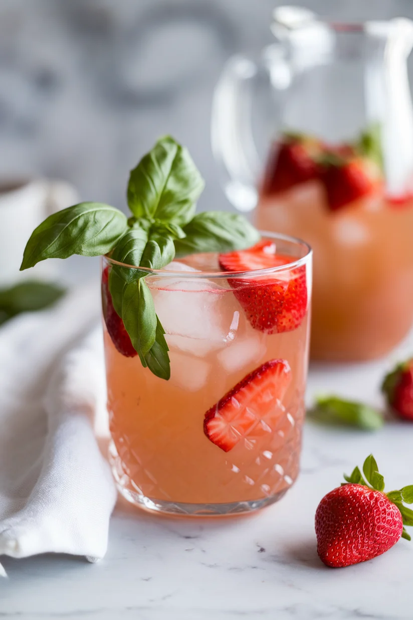 Strawberry basil lemonade in a clear glass with fresh basil and sliced strawberries on ice.