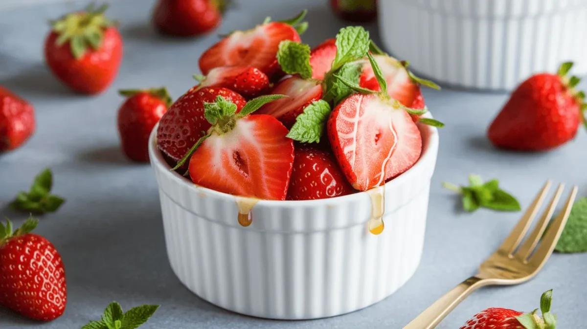 Fresh strawberry fruit salad in a white ramekin with mint and honey.