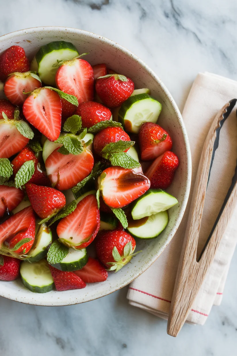 Strawberry fruit salad with sliced strawberries and mint on white marble countertop.
