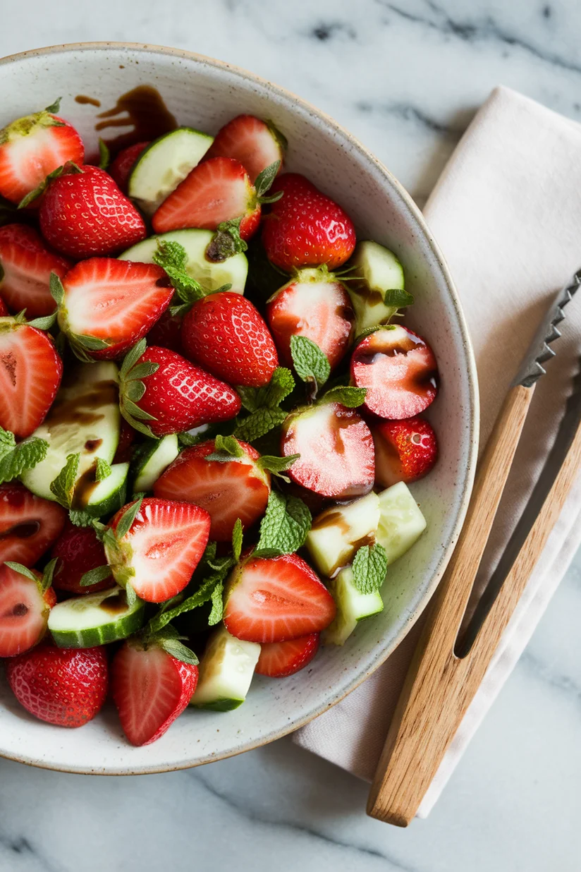 Strawberry fruit salad with sliced strawberries and mint on white marble countertop.