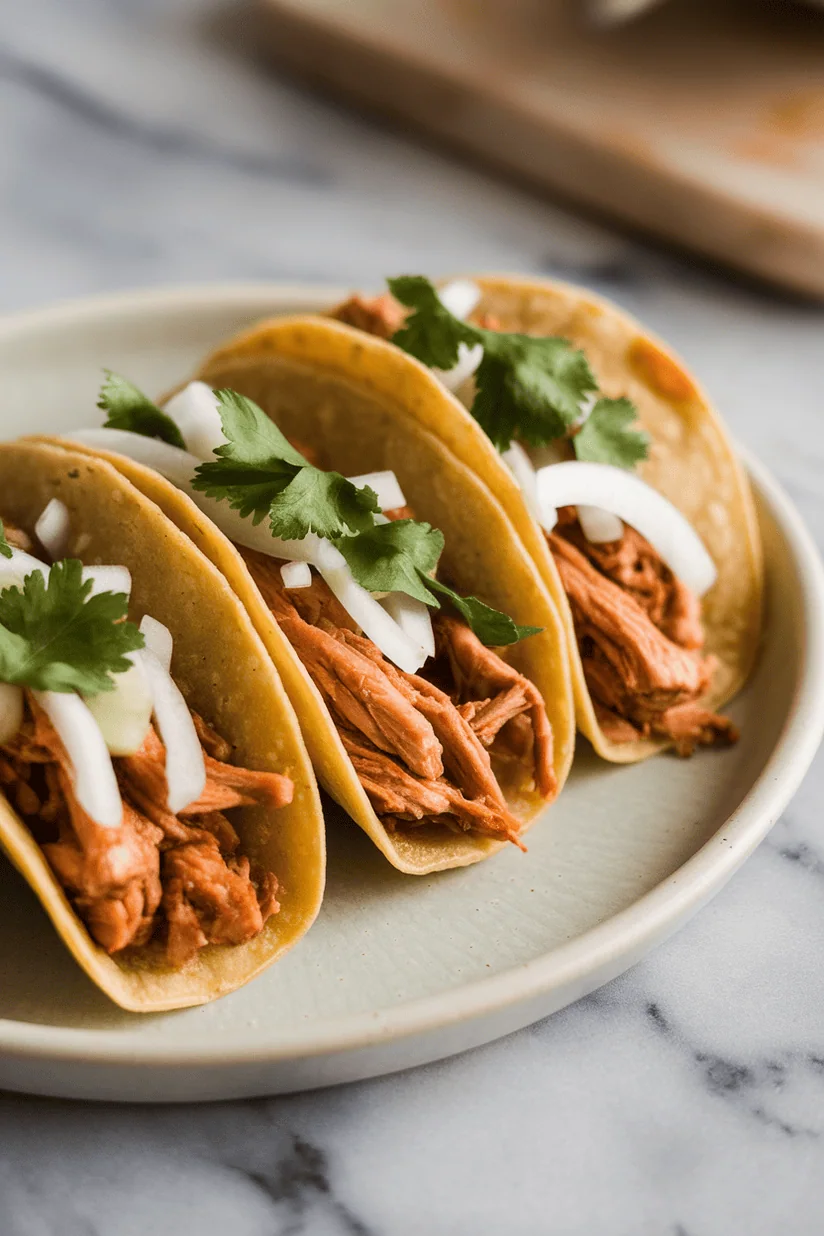 street chicken tacos with shredded chicken and cilantro in corn tortillas