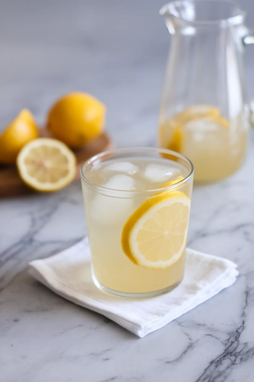 Sugar-free lemonade with lemon slices and ice in a clear glass on white marble.
