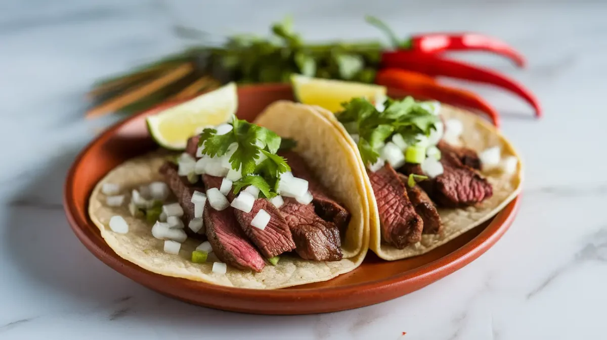 Grilled steak street tacos with cilantro and lime on a white marble countertop