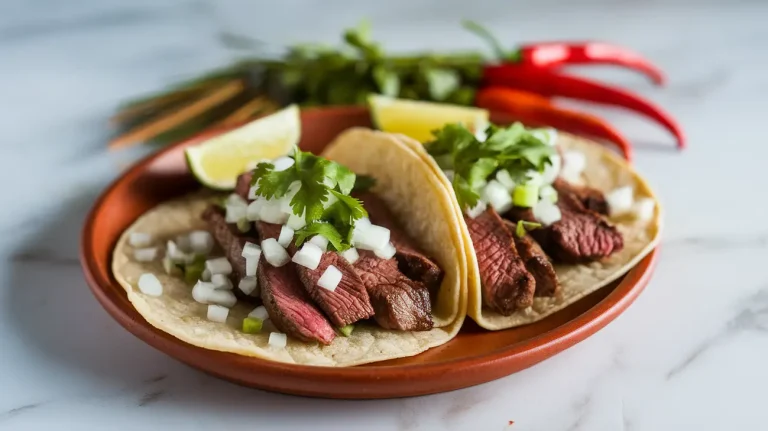 Grilled steak street tacos with cilantro and lime on a white marble countertop