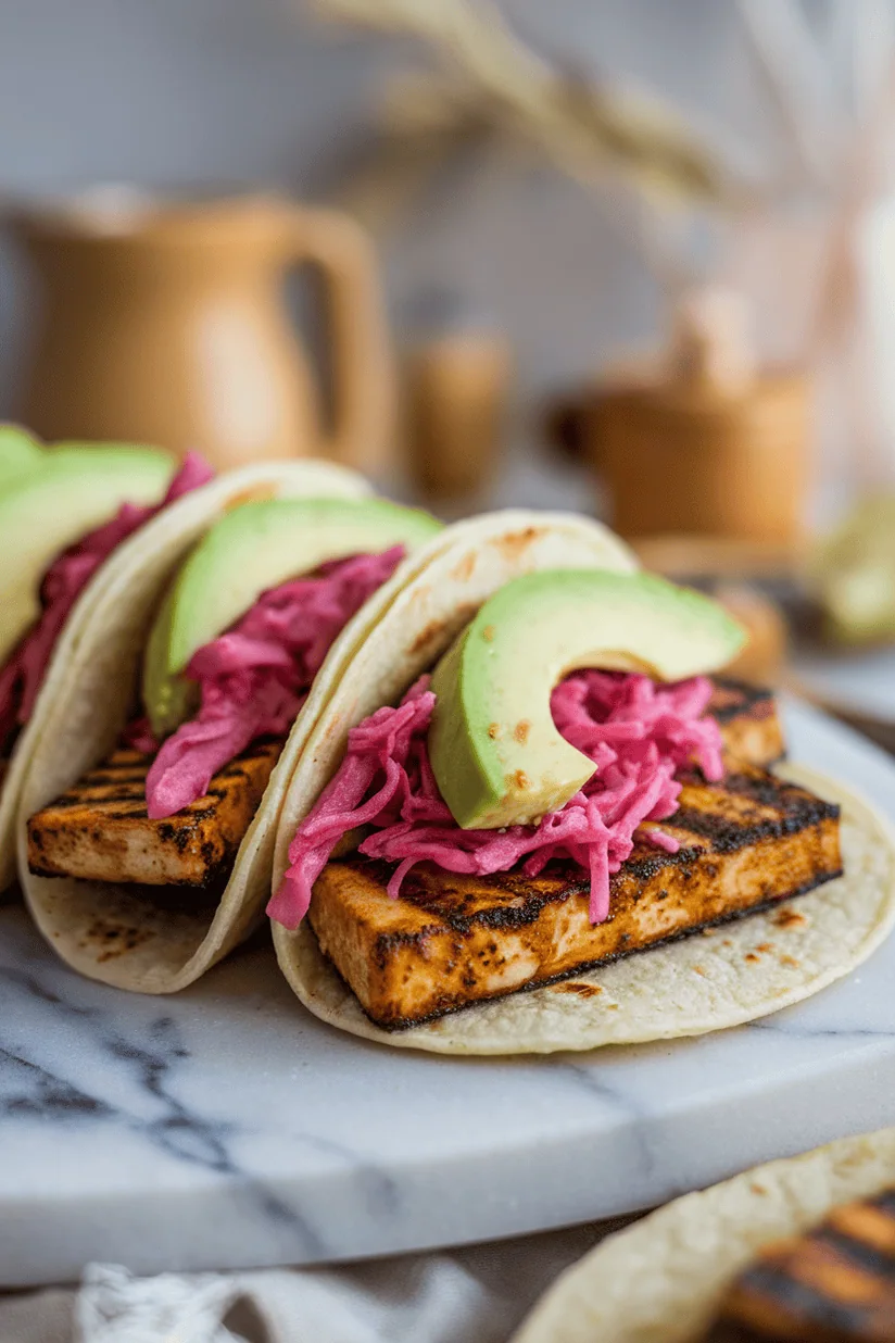 tempeh tacos with grilled tempeh and avocado in corn tortillas