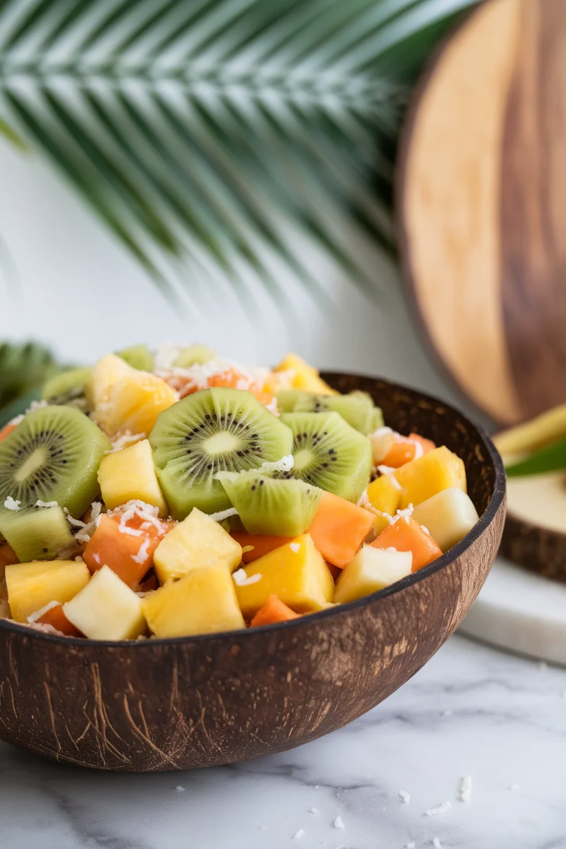 Tropical fruit salad with bright tropical fruits and coconut in a coconut shell bowl.