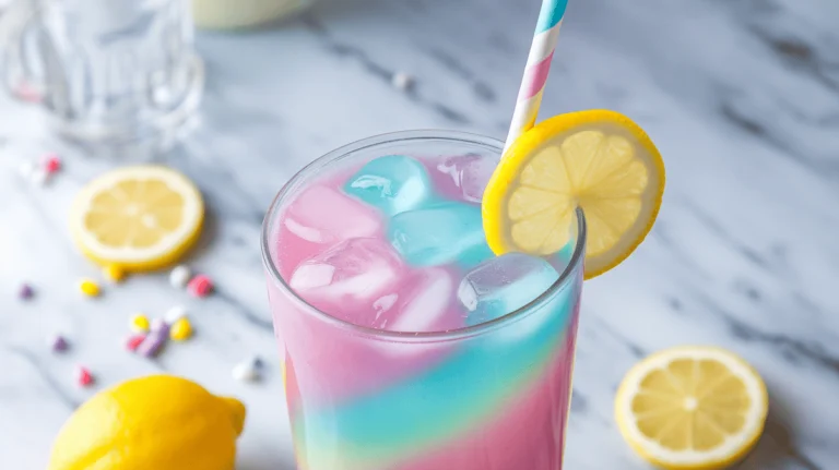 Unicorn lemonade with pastel swirls and a swirl straw in a clear tumbler.