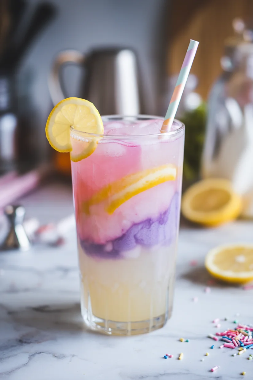 Unicorn lemonade with pastel pink, purple, and blue swirls and a lemon twist in a tall glass.