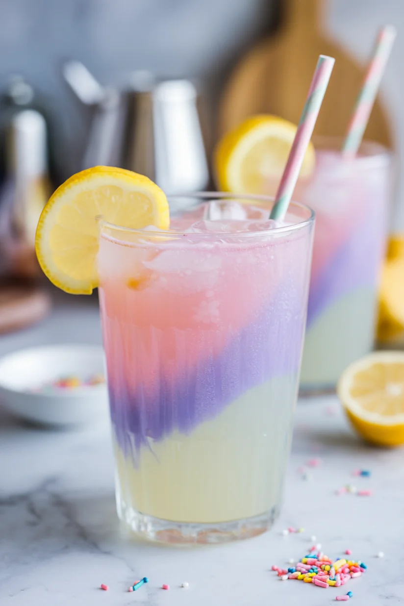 Unicorn lemonade with pastel pink, purple, and blue swirls and a lemon twist in a tall glass.
