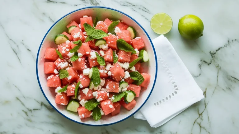 Watermelon fruit salad with feta and mint in a shallow white dish on marble.