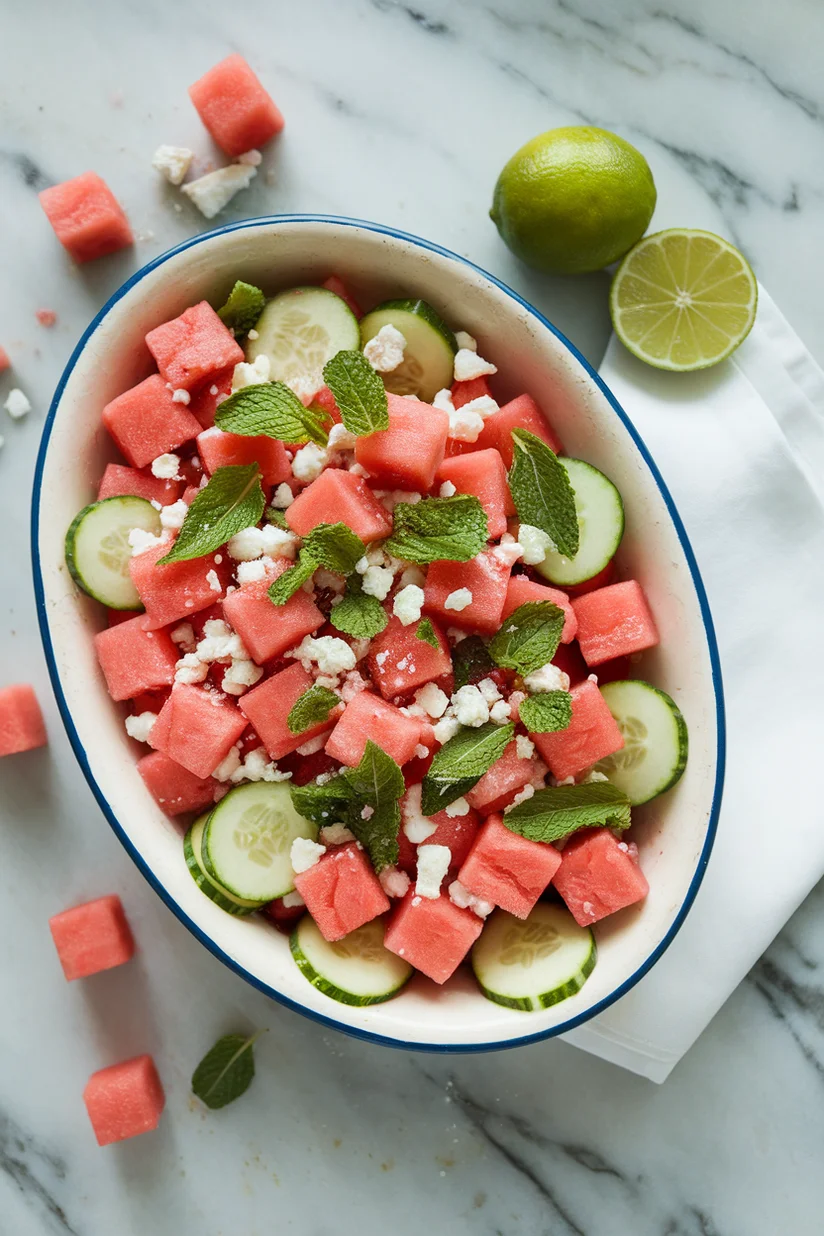Watermelon fruit salad with feta and mint in a shallow white dish on marble.
