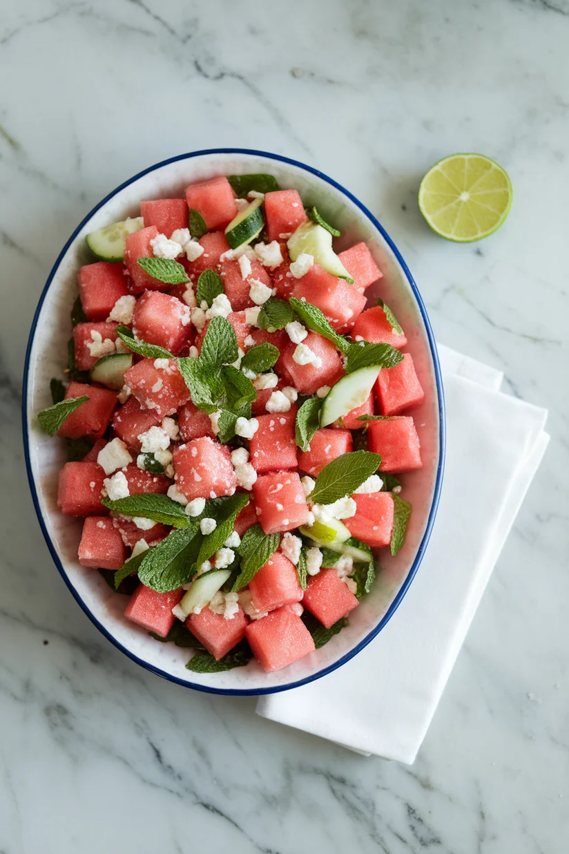 Watermelon fruit salad with feta and mint in a shallow white dish on marble.