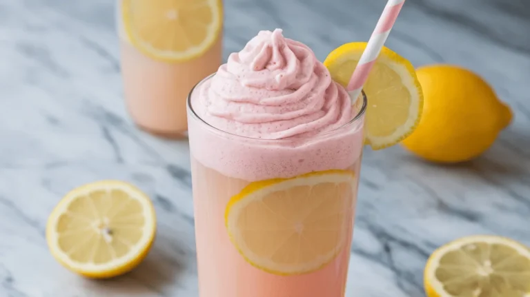 Whipped pink lemonade with a foamy top in a tall glass and pink straw.