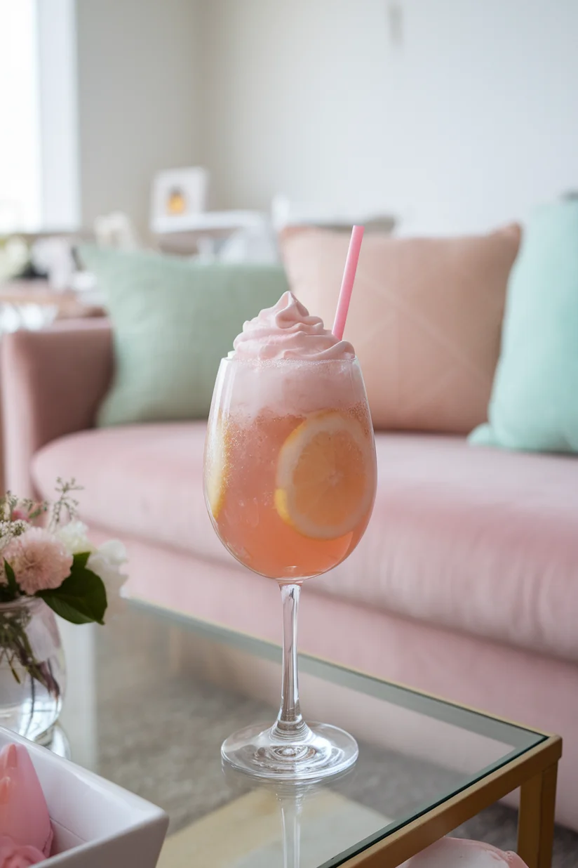 Whipped pink lemonade with a frothy top layer served in a clear glass with pink straw.